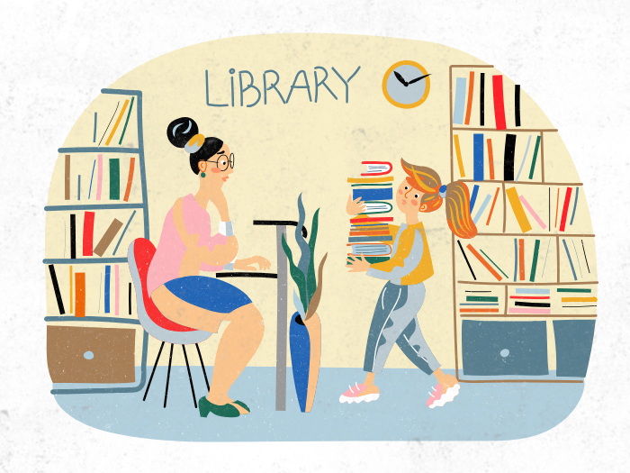child carries stack of books to adult sitting at table with "Library" sign in background