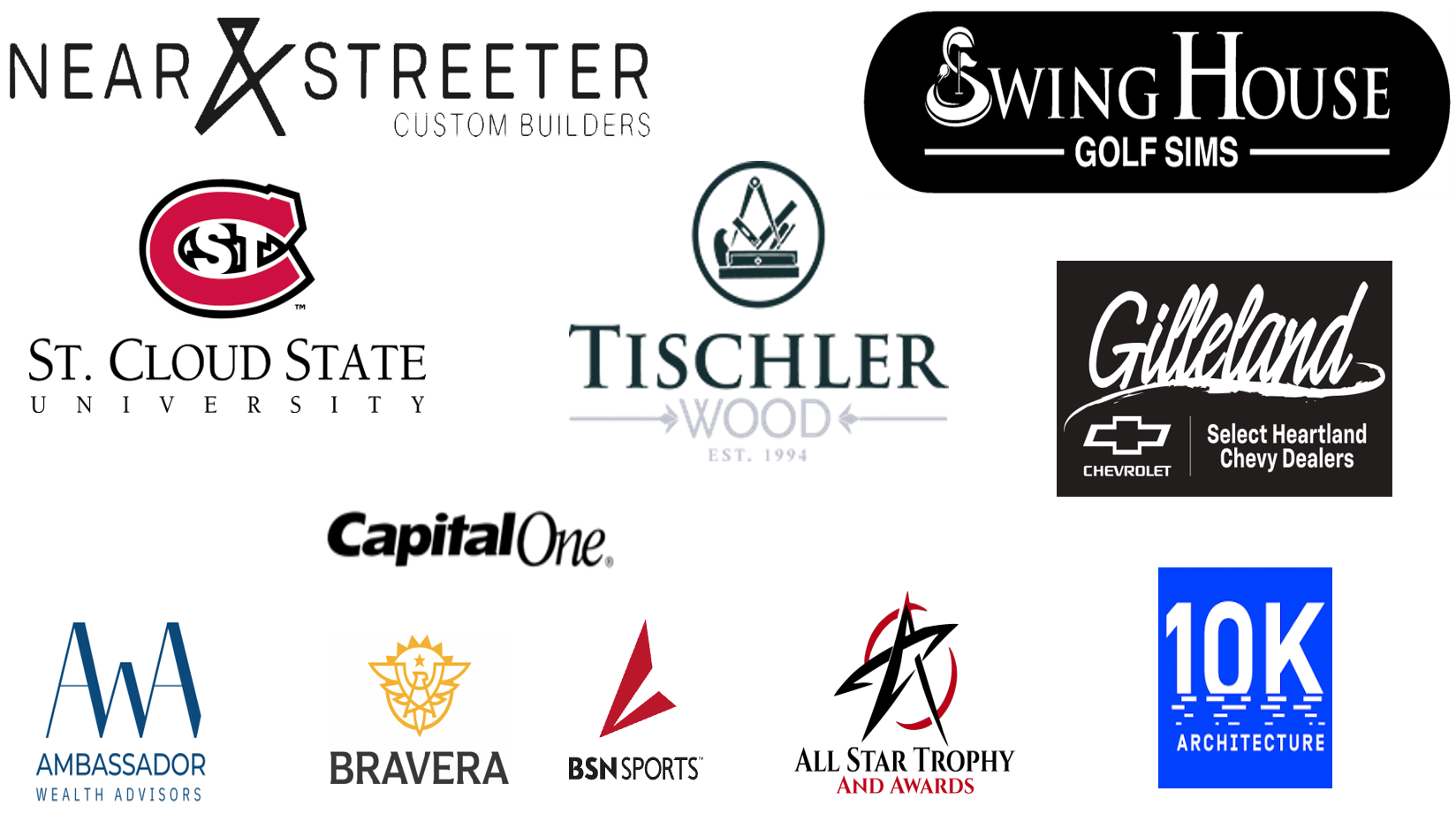 collage of sponsor logos - Near Streeter, St Cloud State, Swing House Golf, Tischler Wood, Gilleland Chevrolet, Ambassador Wealth Advisors, Bravera, BSN Sports, All Star Trophy and Awards, 10K Architecture