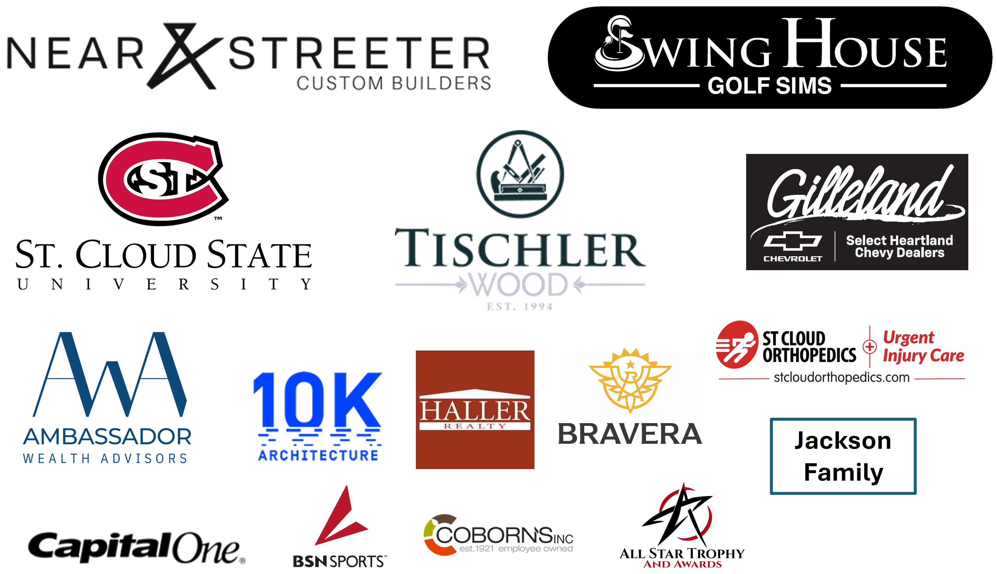 logos of gilleland, near and streeter, swinghouse golf sims, tischler wood, SCSU, haller realty, ambassador wealth advisors, jackson family, st. cloud orthopedics, bravera bank, 10k architecture, capital one, all Star trophy, BSN sports, coborns